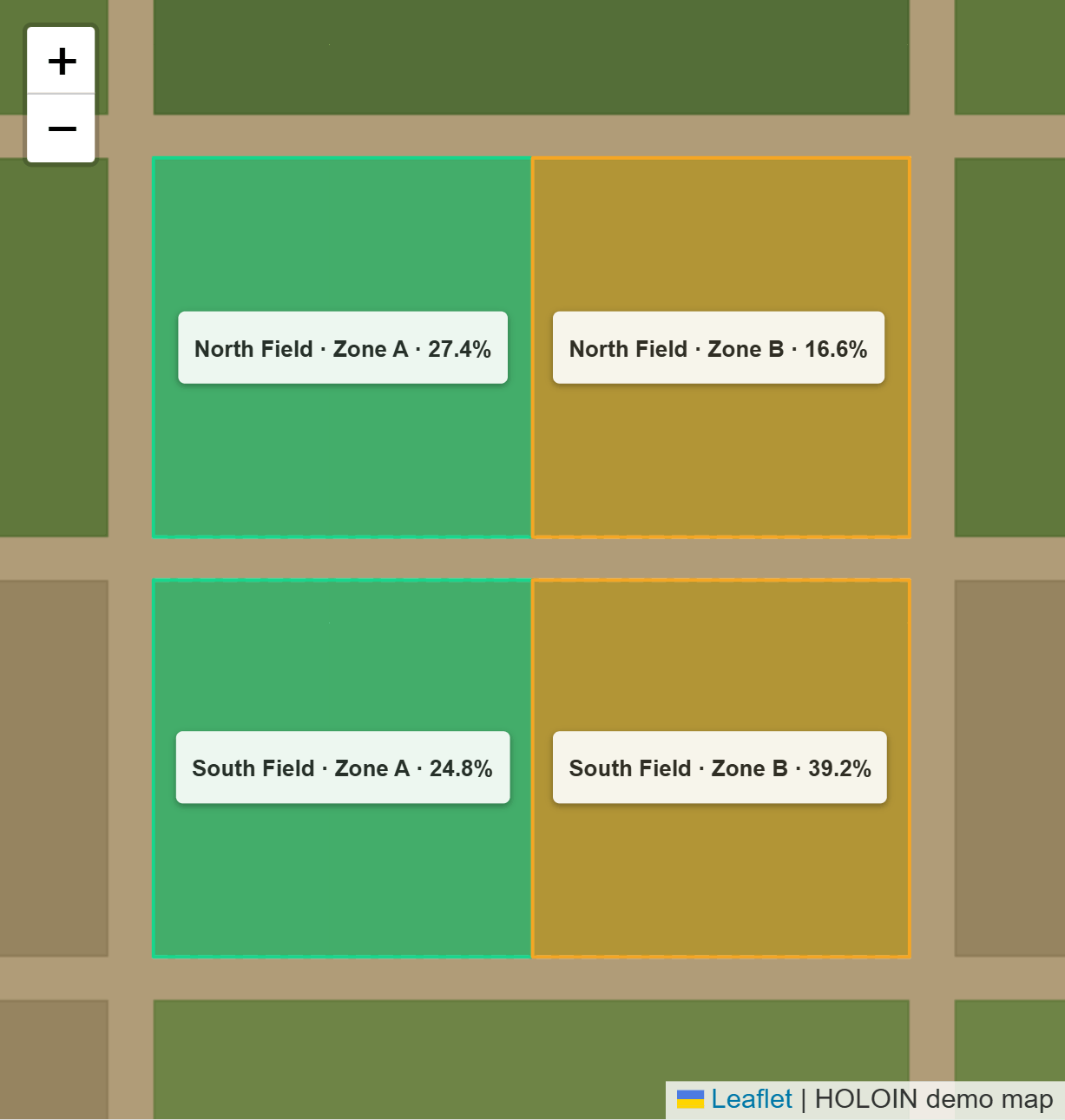 Thalvenna Farm on the demo map: North Field and South Field, each split into Zone A in green and Zone B in amber, each zone labelled with its soil moisture.