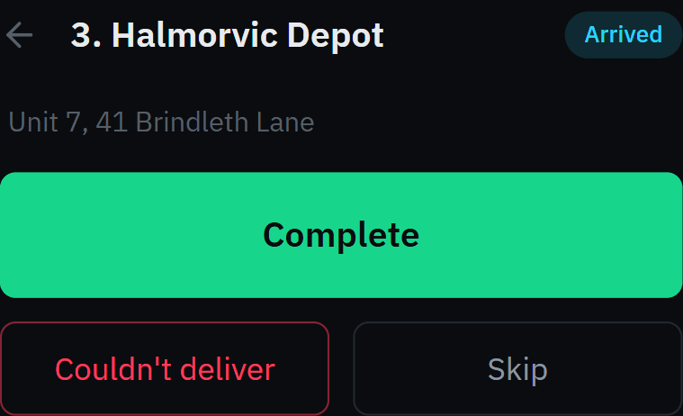 The driver’s phone at stop 3, Halmorvic Depot, marked Arrived: its address, and Complete, Couldn’t deliver and Skip.