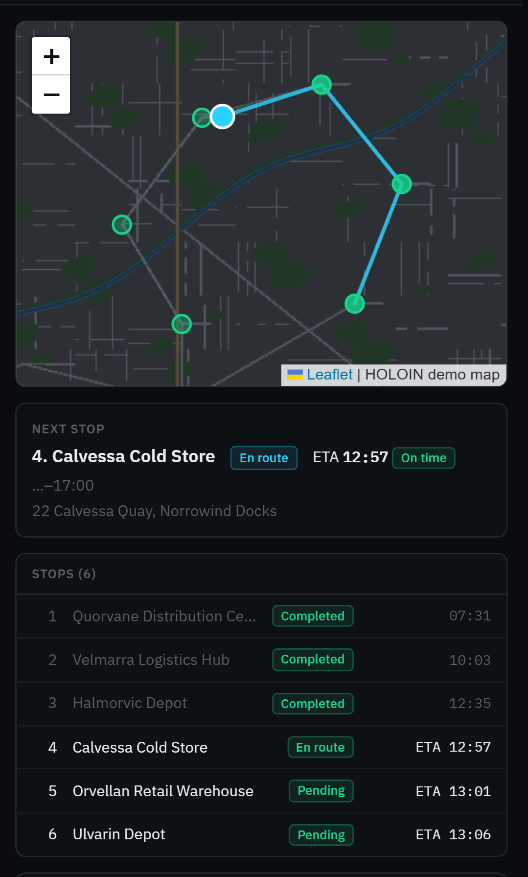 Truck 7 · Morning round on its own page: the demo map with the truck and its round, the next stop with its ETA, and the stops — three completed, one en route, two pending.